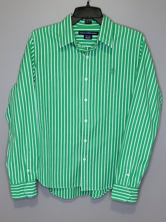 Ralph Lauren Sport Tops - Ralph Lauren Sport Green White Striped Slim Fit Button Down Shirt Size 14
